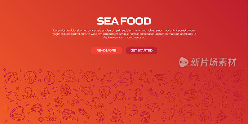 SEA FOOD网页横幅与线性图标，潮流线性风格向量